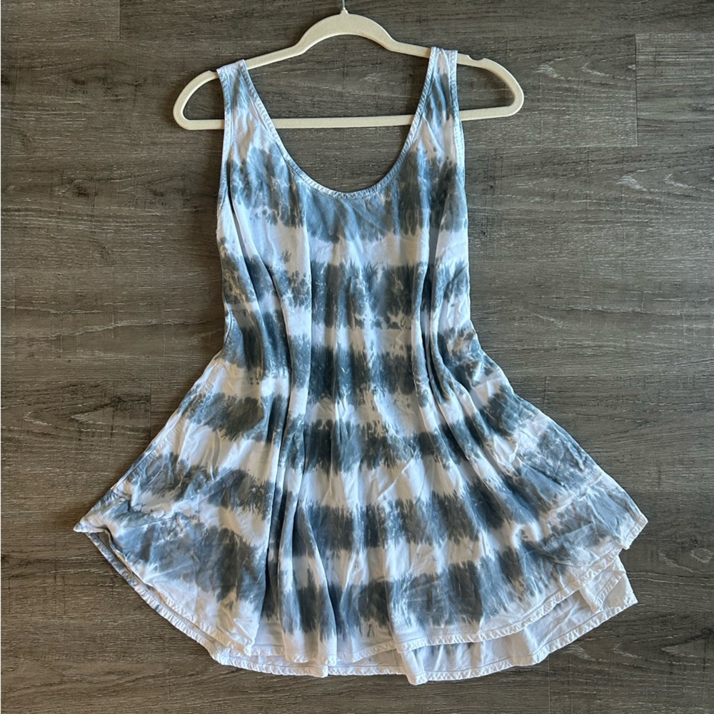 Tie-Dye Flowy Boho Beach Dress Beach Cover Up blue gray and white